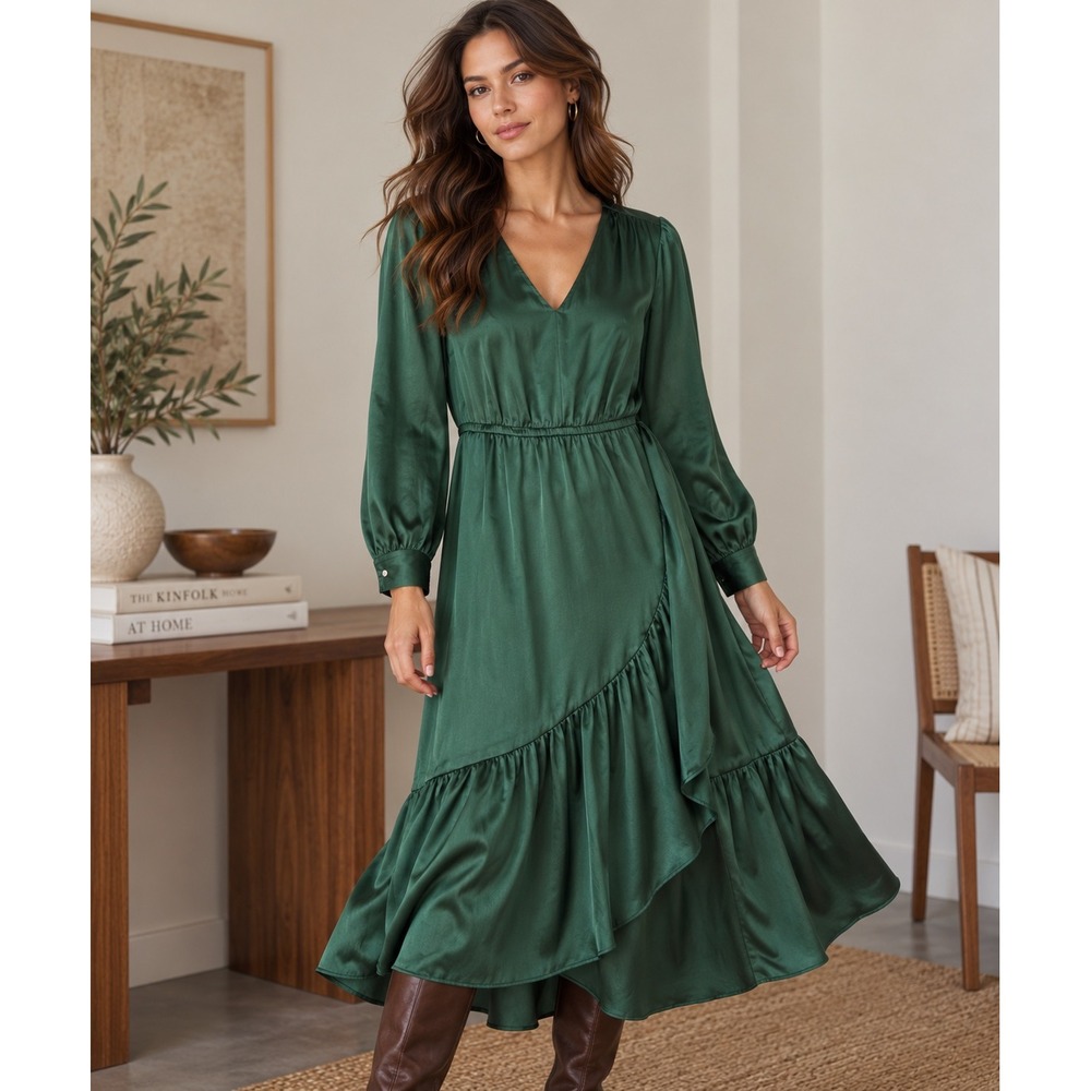 New Lane Bryant Midi Dress Womens 14 Green Satin Ruffle Tiered Cocktail Holiday
